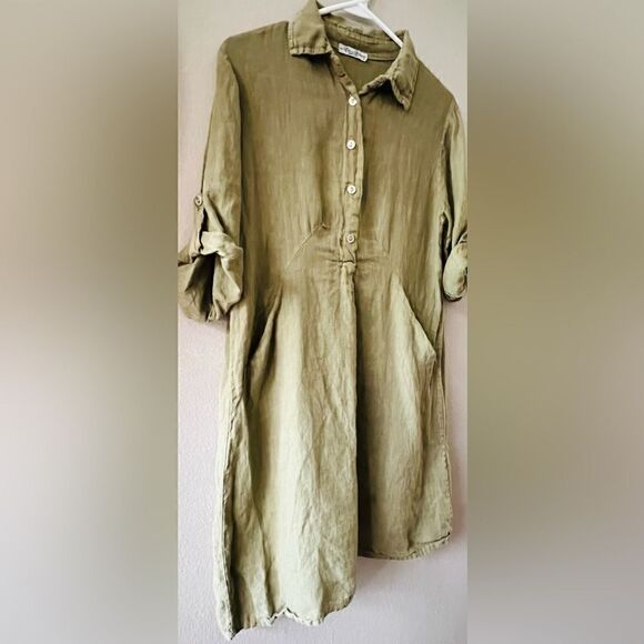 ELENA BALDI 100% LINEN KHAKI GREEN TAB SLEEVE SHIRT POCKETS DRESS ITALY SIZE S - Picture 4 of 7